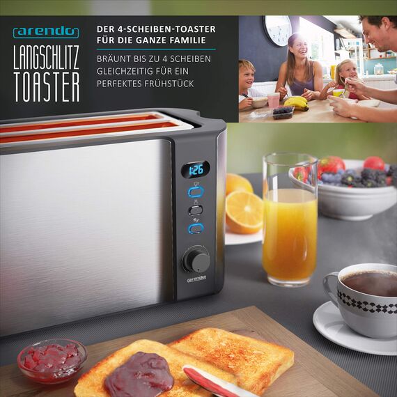 Arendo - Edelstahl Toaster Langschlitz 4 Scheiben - Defrost Funktion - wärmeisolierendes Gehäuse - mit integrierten Brötchenaufsatz - 1500W - Krümelschublade - Display mit Restzeitanzeige - Silber
