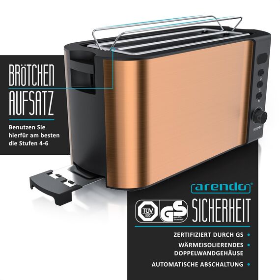 Arendo - Edelstahl Toaster Langschlitz 4 Scheiben - Defrost Funktion - wärmeisolierendes Gehäuse - mit integriertem Brötchenaufsatz - 1500W - Krümelschublade - Display mit Restzeitanzeige - Kupfer