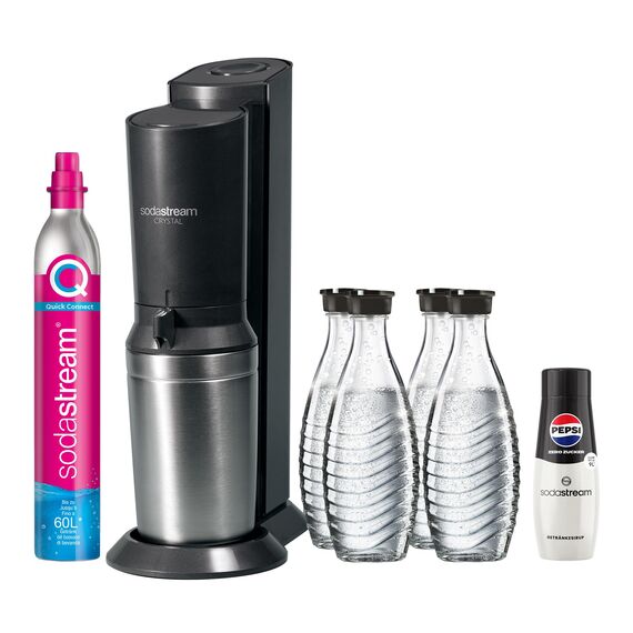 SodaStream Wassersprudler CRYSTAL 3.0 mit Quick-Connect CO2-Zylinder| inkl. 4 x 0,8L CRYSTAL Glasflasche | Farbe: Titan + SodaStream Sirup Pepsi Zero Zucker, 440 ml