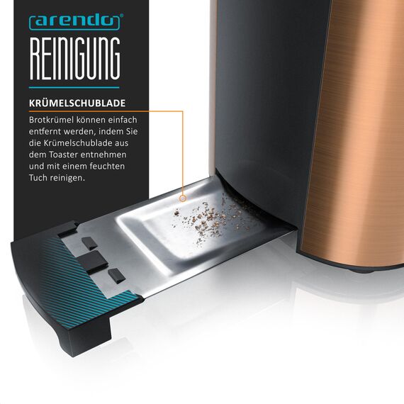 Arendo - Edelstahl Toaster Langschlitz 4 Scheiben - Defrost Funktion - wärmeisolierendes Gehäuse - mit integriertem Brötchenaufsatz - 1500W - Krümelschublade - Display mit Restzeitanzeige - Kupfer