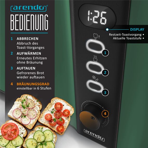 Arendo - Edelstahl Toaster Langschlitz 4 Scheiben - Defrost Funktion - wärmeisolierendes Gehäuse - mit integrierten Brötchenaufsatz - 1500W - Krümelschublade - Display mit Restzeitanzeige
