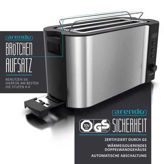 Arendo - Edelstahl Toaster Langschlitz 4 Scheiben - Defrost Funktion - wärmeisolierendes Gehäuse - mit integrierten Brötchenaufsatz - 1500W - Krümelschublade - Display mit Restzeitanzeige - Silber