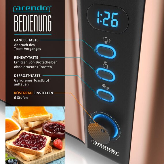 Arendo - Edelstahl Toaster Langschlitz 4 Scheiben - Defrost Funktion - wärmeisolierendes Gehäuse - mit integriertem Brötchenaufsatz - 1500W - Krümelschublade - Display mit Restzeitanzeige - Kupfer