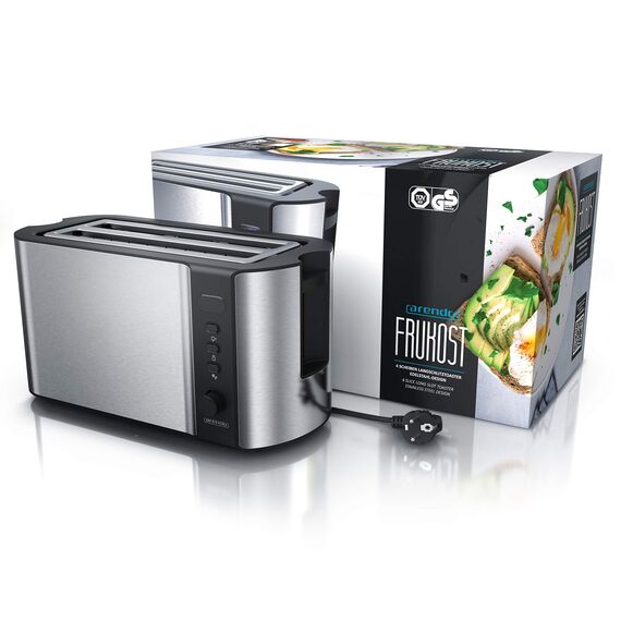 Arendo - Edelstahl Toaster Langschlitz 4 Scheiben - Defrost Funktion - wärmeisolierendes Gehäuse - mit integrierten Brötchenaufsatz - 1500W - Krümelschublade - Display mit Restzeitanzeige - Silber