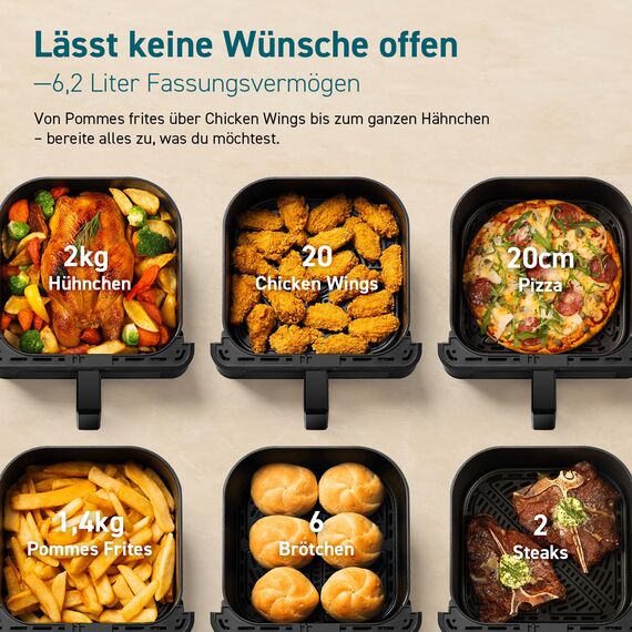 COSORI Airfryer, Heißluftfritteuse 6,2L mit Sichtfenster und Shake Reminder, 12-in-1 Heissluftfritteuse, Fritteuse 85 Prozent weniger Fett, 50 Rezepte, 55 Prozent energiesparend, einfache Reinigung
