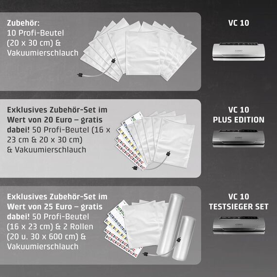 CASO VC 10 Plus Edition - Vakuumiergerät inkl. großem Zubehör Set, Testurteil Sehr Gut, Folienschweißgerät 30 cm Schweißnaht, variable Vakuumstärke, Vakuumpumpe 9 L/min