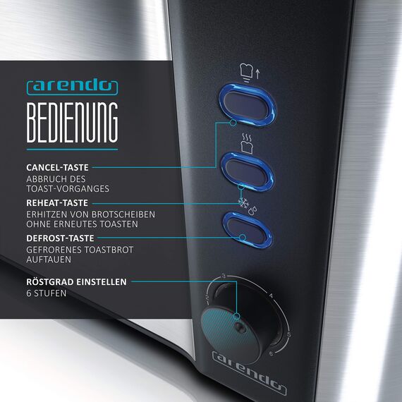 Arendo - Edelstahl Toaster Langschlitz 4 Scheiben - Defrost Funktion - wärmeisolierendes Gehäuse - mit integrierten Brötchenaufsatz - 1500W - Krümelschublade - Display mit Restzeitanzeige - Silber