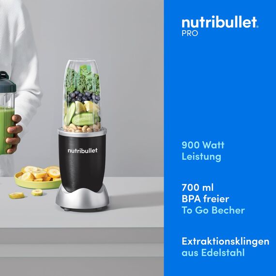 nutribullet Pro, 900 Watt Leistung, Einfach und schnell in der Anwendung, Kompakt, Leicht zu reinigen, Mit 700 ml Becher, Smoothiemixer, Smoothie Maker, Elektrischer Mixer, NB904B, Schwarz