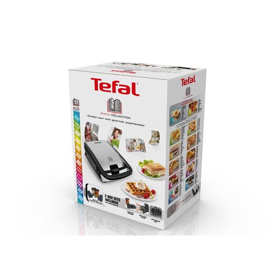 Tefal Snack Collection, Waffeleisen und Sandwiches, Erweiterbar, Platten Antihaftbeschichtet, Spülmaschinengeeignet, Praktische Aufbewahrungsboxen, schwarz/Edelstahl, SW853D