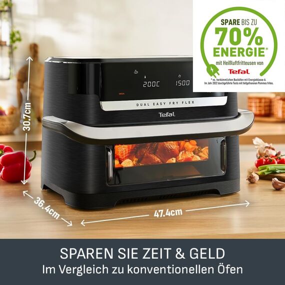 Tefal Dual Easy Fry Flex Heißluftfritteuse 9L – Airfryer mit 2 Kammern & GiantZone, FlexCook-Trennwand, 2700 W, 40–200 °C, 7 Programme, fettarm frittieren & 2 Gerichte gleichzeitig zubereiten EY9228