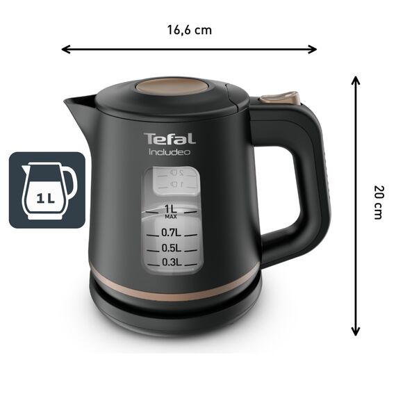 Tefal KI5338 Includeo Wasserkocher, Fassungsvermögen 1 L, Anti-Rutsch-Griff, einfach abzulesende Wasserstandsanzeige, 360°-Drehsockel, herausnehmbarer Filter, 2400 W, 23.3 x 16.6 x 20 cm