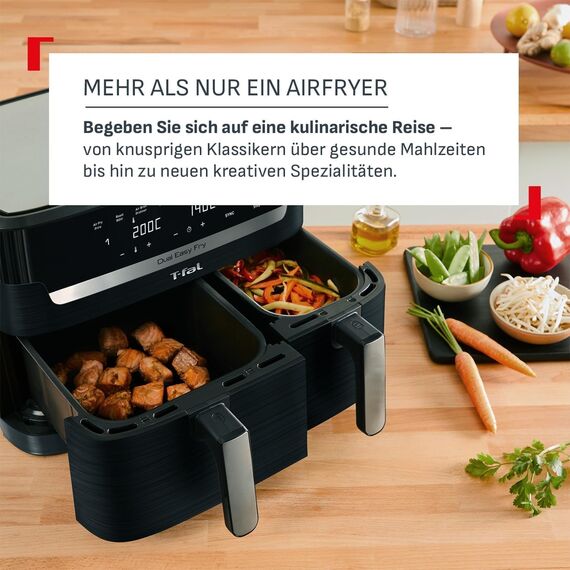 Tefal Dual Easy Fry Heißluftfritteuse 8,3 L – Airfryer mit 2 Kammern & XL-Schublade, 7 Programme, 2700 W, Extra-Crisp-Technologie, fettarm frittieren & energiesparend, spülmaschinenfest EY9018
