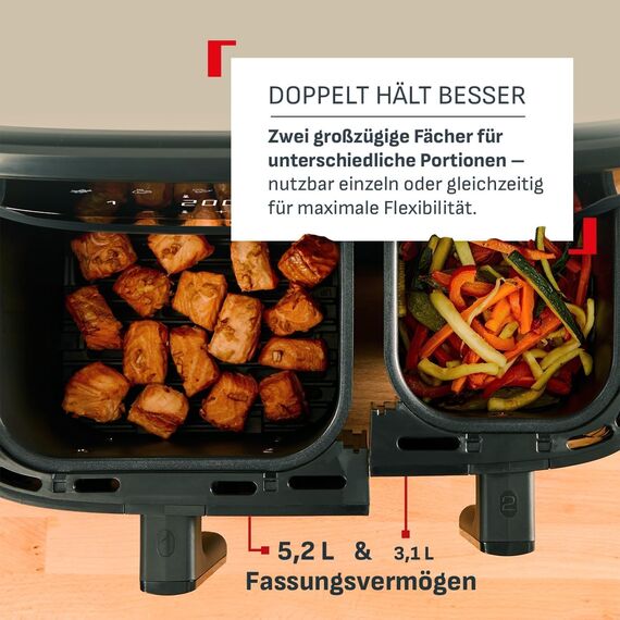 Tefal Dual Easy Fry Heißluftfritteuse 8,3 L – Airfryer mit 2 Kammern & XL-Schublade, 7 Programme, 2700 W, Extra-Crisp-Technologie, fettarm frittieren & energiesparend, spülmaschinenfest EY9018