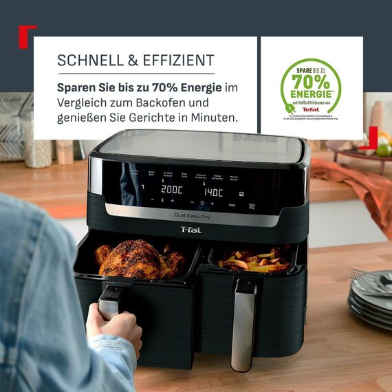 Tefal Dual Easy Fry Heißluftfritteuse 8,3 L – Airfryer mit 2 Kammern & XL-Schublade, 7 Programme, 2700 W, Extra-Crisp-Technologie, fettarm frittieren & energiesparend, spülmaschinenfest EY9018