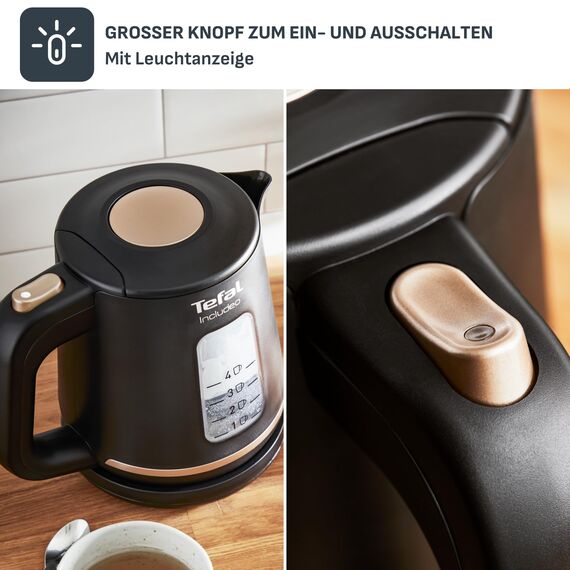 Tefal KI5338 Includeo Wasserkocher, Fassungsvermögen 1 L, Anti-Rutsch-Griff, einfach abzulesende Wasserstandsanzeige, 360°-Drehsockel, herausnehmbarer Filter, 2400 W, 23.3 x 16.6 x 20 cm