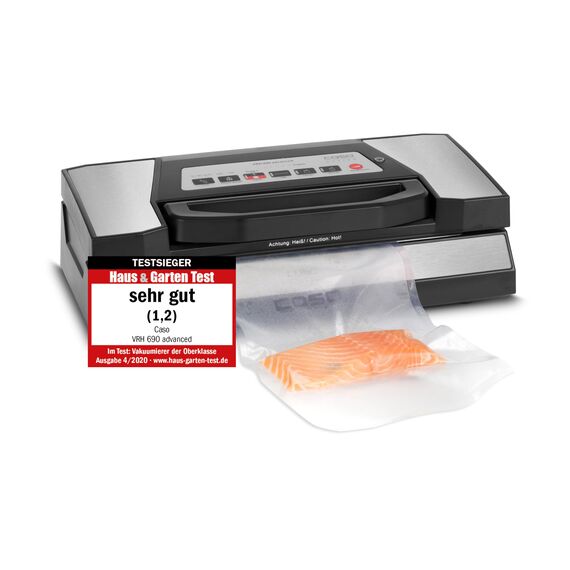 CASO VRH 690 advanced Vakuumierer Testsieger, Vakuumiergerät für Lebensmittel, 150 Vakuumiervorgänge nonstop, doppelte Schweißnaht, 20 Liter/Min, Cutter, inkl. 2 Profi- Folienrollen