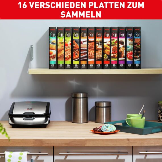 Tefal Snack Collection 4-er Set SW854D, Kombigerät, Inklusive 4 antihaftbeschichter Plattensets, Spülmaschinengeeignet, Panini, Waffeln, Sandwich, süße Küchlein, 700W,Schwarz/Edelstahl