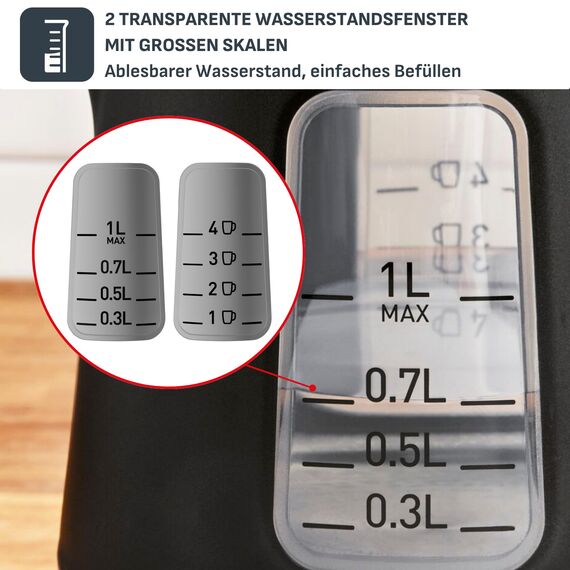 Tefal KI5338 Includeo Wasserkocher, Fassungsvermögen 1 L, Anti-Rutsch-Griff, einfach abzulesende Wasserstandsanzeige, 360°-Drehsockel, herausnehmbarer Filter, 2400 W, 23.3 x 16.6 x 20 cm