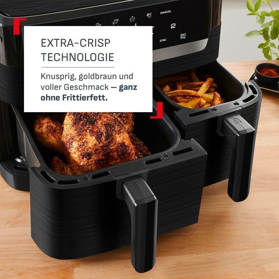 Tefal Dual Easy Fry Heißluftfritteuse 8,3 L – Airfryer mit 2 Kammern & XL-Schublade, 7 Programme, 2700 W, Extra-Crisp-Technologie, fettarm frittieren & energiesparend, spülmaschinenfest EY9018
