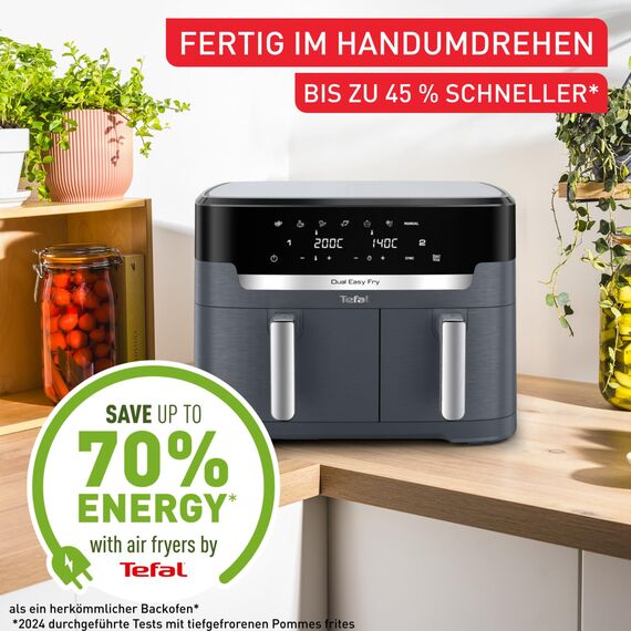 Tefal Dual Easy Fry XXL Heißluftfritteuse 11 L – Airfryer mit 2 Kammern (Doppelkammer), 7 Programme, 2700 W, digitales Display, Extra-Crisp Technologie, fettarm frittieren, energiesparend EY942B