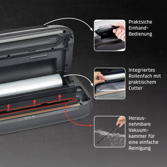 CASO VRH 590 advanced Vakuumierer - Testsieger Haus & Garten Test, Vakuumiergerät, bis 125 Vakuumiervorgänge non-stop, 2,5 mm dicke Schweißnaht, integriertes Rollenfach, Cutter,