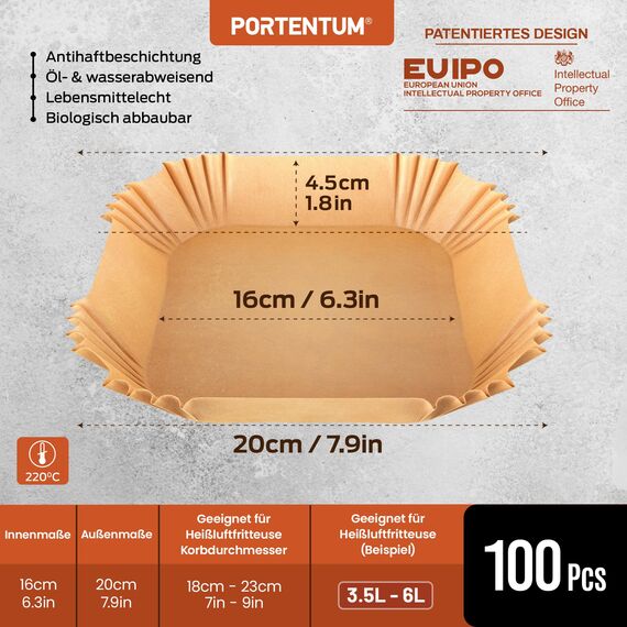 PORTENTUM Backpapier für Heißluftfritteuse 100 Stück, Einweg und ungebleicht. Geeignet für 3.5 bis 6 Liter. Lebensmittelechtes Backpapier, BPA-frei, FDA- und LFGB-zertifiziert, Packaging May Vary