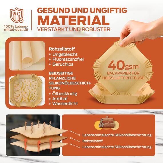 PORTENTUM Backpapier für Heißluftfritteuse 100 Stück, Einweg und ungebleicht. Geeignet für 3.5 bis 6 Liter. Lebensmittelechtes Backpapier, BPA-frei, FDA- und LFGB-zertifiziert, Packaging May Vary