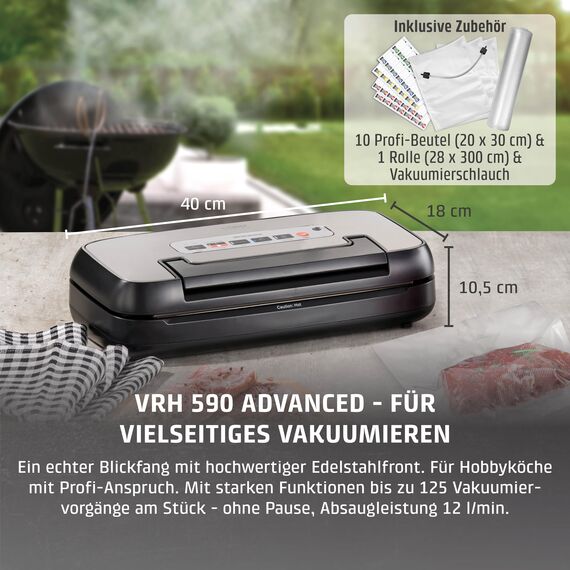 CASO VRH 590 advanced Vakuumierer - Testsieger Haus & Garten Test, Vakuumiergerät, bis 125 Vakuumiervorgänge non-stop, 2,5 mm dicke Schweißnaht, integriertes Rollenfach, Cutter,