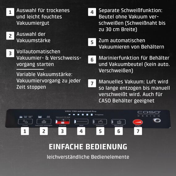 CASO VRH 790 advanced Pro - Vakuumierer, Vakuumiergerät, Testurteil Sehr Gut, 200 Vakuumiervorgänge non-stop, mit patentierter CASOTEK Liquid Funktion, doppelte Schweißnaht, inkl. Vakuumbeutel