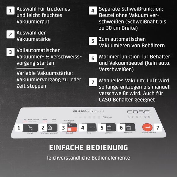 CASO VRH 690 advanced Vakuumierer Testsieger, Vakuumiergerät für Lebensmittel, 150 Vakuumiervorgänge nonstop, doppelte Schweißnaht, 20 Liter/Min, Cutter, inkl. 2 Profi- Folienrollen