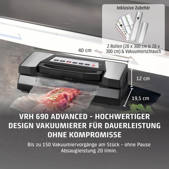 CASO VRH 690 advanced Vakuumierer Testsieger, Vakuumiergerät für Lebensmittel, 150 Vakuumiervorgänge nonstop, doppelte Schweißnaht, 20 Liter/Min, Cutter, inkl. 2 Profi- Folienrollen