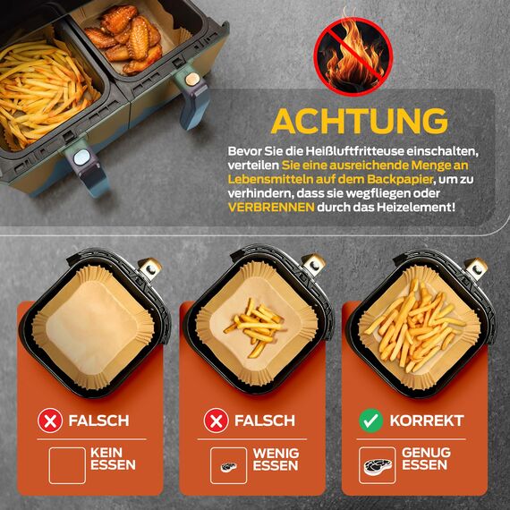 PORTENTUM Backpapier für Heißluftfritteuse 100 Stück, Einweg und ungebleicht. Geeignet für 3.5 bis 6 Liter. Lebensmittelechtes Backpapier, BPA-frei, FDA- und LFGB-zertifiziert, Packaging May Vary