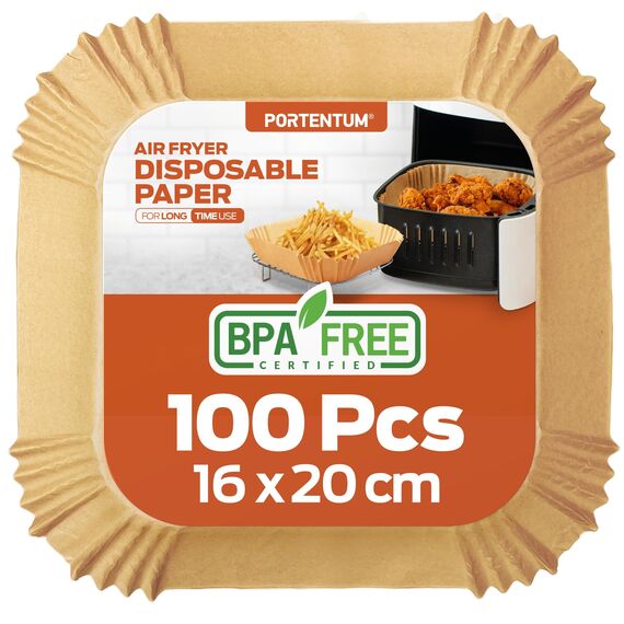 PORTENTUM Backpapier für Heißluftfritteuse 100 Stück, Einweg und ungebleicht. Geeignet für 3.5 bis 6 Liter. Lebensmittelechtes Backpapier, BPA-frei, FDA- und LFGB-zertifiziert, Packaging May Vary