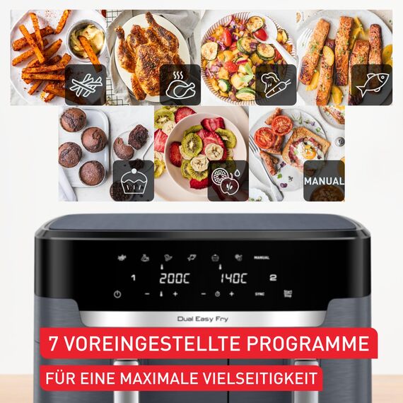 Tefal Dual Easy Fry XXL Heißluftfritteuse 11 L – Airfryer mit 2 Kammern (Doppelkammer), 7 Programme, 2700 W, digitales Display, Extra-Crisp Technologie, fettarm frittieren, energiesparend EY942B