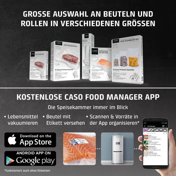 CASO VRH 690 advanced Vakuumierer Testsieger, Vakuumiergerät für Lebensmittel, 150 Vakuumiervorgänge nonstop, doppelte Schweißnaht, 20 Liter/Min, Cutter, inkl. 2 Profi- Folienrollen