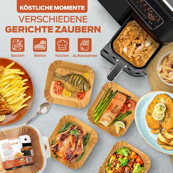 PORTENTUM Backpapier für Heißluftfritteuse 100 Stück, Einweg und ungebleicht. Geeignet für 3.5 bis 6 Liter. Lebensmittelechtes Backpapier, BPA-frei, FDA- und LFGB-zertifiziert, Packaging May Vary