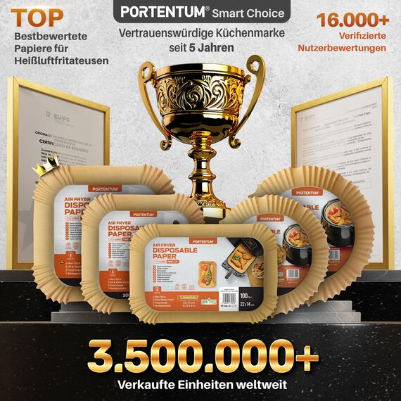 PORTENTUM Backpapier für Heißluftfritteuse 100 Stück, Einweg und ungebleicht. Geeignet für 3.5 bis 6 Liter. Lebensmittelechtes Backpapier, BPA-frei, FDA- und LFGB-zertifiziert, Packaging May Vary