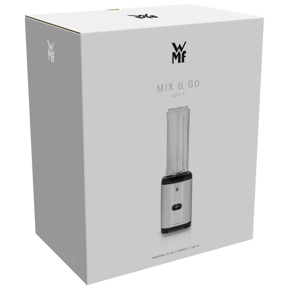 WMF Kult X Mix & Go Mini Smoothie Maker, Standmixer, Blender elektrisch, Shake Mixer 300 Watt Leistung, Tritan-Kunststoff Flasche 600ml, auslaufsicherer Schraubdeckel, rutschfeste Füße, Silber/Schwarz