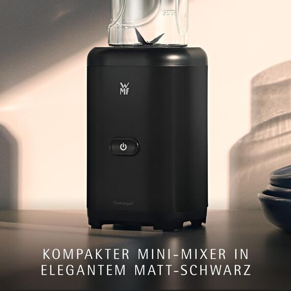 WMF Kult X Mix & Go – Smoothie Maker & Mixer to Go, kompakter Standmixer 300 W mit 0,6 L Tritan-Flasche, 4 Edelstahlklingen, Sicherheitsabschaltung, Shake Mixer aus Cromargan Edelstahl, Deep Black