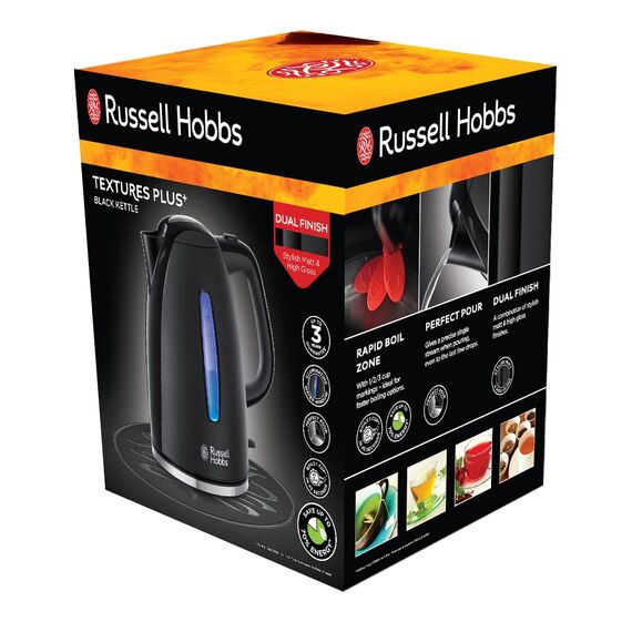 Russell Hobbs Wasserkocher [1,7l, 2400W, blaue LED-Beleuchtung] Textures+ (Schnellkochfunktion, herausnehmbarer Kalkfilter, beleuchtete Wasserstandsanzeige, autom. Deckelöffnung) Teekocher 22591-70