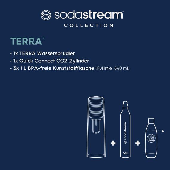 SodaStream Wassersprudler TERRA Promopack mitQuick-Connect CO2-Zylinder| inkl. 3x 1L FUSE Kunststoffflasche (spülmaschinengeeignet) | Farbe: Schwarz