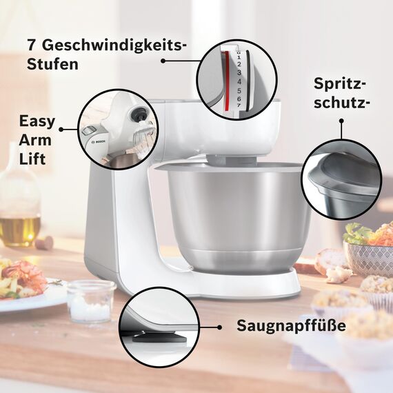 Bosch Küchenmaschine Serie 4, Edelstahl-Schüssel 3,9 L, Knethaken, Schlag- und Rührbesen Edelstahl spülmaschinenfest, Mixer 1,25 L, Durchlaufschnitzler, 3 Scheiben, 1000 W, Weiß, MUM58W20