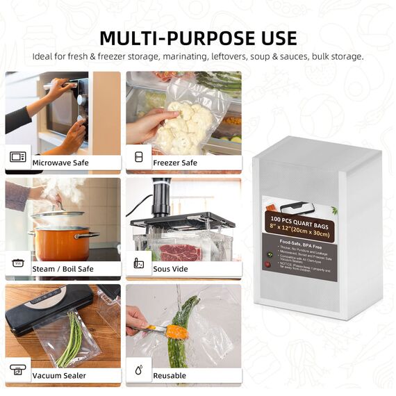 Vakuumierbeutel 20x30cm 100 Beutel, Vakuumierfolie Vakuumbeutel Lebensmittel, Profi-Folienbeutel für alle Vakuumierer und Sous Vide Geeignet, Gefrierbeutel BPA-frei