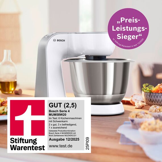 Bosch Küchenmaschine Serie 4, Edelstahl-Schüssel 3,9 L, Knethaken, Schlag- und Rührbesen Edelstahl spülmaschinenfest, Mixer 1,25 L, Durchlaufschnitzler, 3 Scheiben, 1000 W, Weiß, MUM58W20