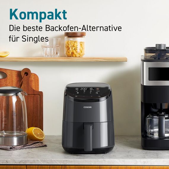 COSORI Heißluftfritteuse klein 2L, Mini-Airfryer für 1 Person, ideal für Camping, Reisen und Wohnmobile, schnell, kompakt, ohne Öl, energiesparend, Helles Schwarz