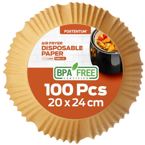 PORTENTUM Backpapier für Heißluftfritteuse 100 Stück, Einweg und ungebleicht. Geeignet für 5 bis 8 Liter. Lebensmittelechtes Backpapier, BPA-frei, FDA- und LFGB-zertifiziert
