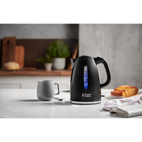 Russell Hobbs Wasserkocher [1,7l, 2400W, blaue LED-Beleuchtung] Textures+ (Schnellkochfunktion, herausnehmbarer Kalkfilter, beleuchtete Wasserstandsanzeige, autom. Deckelöffnung) Teekocher 22591-70