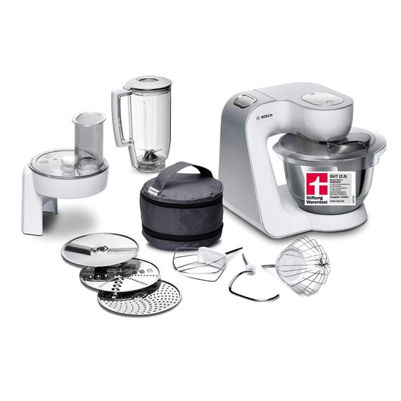 Bosch Küchenmaschine Serie 4, Edelstahl-Schüssel 3,9 L, Knethaken, Schlag- und Rührbesen Edelstahl spülmaschinenfest, Mixer 1,25 L, Durchlaufschnitzler, 3 Scheiben, 1000 W, Weiß, MUM58W20