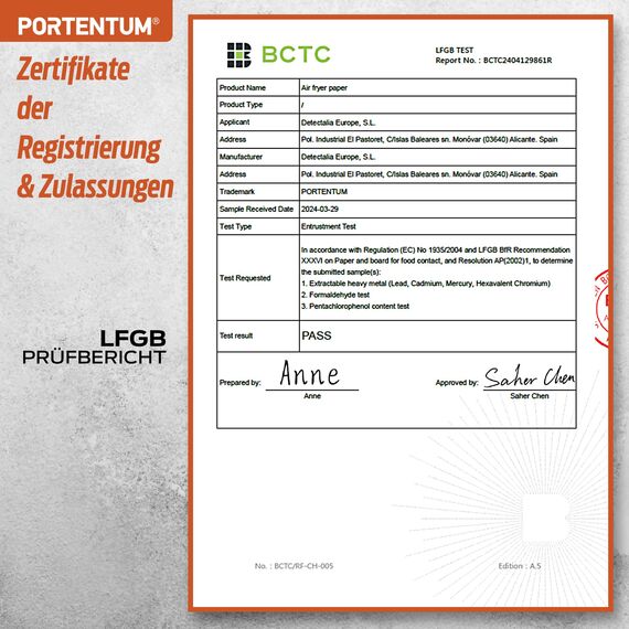 PORTENTUM Backpapier für Heißluftfritteuse 100 Stück, Einweg und ungebleicht. Geeignet für 3.5 bis 6 Liter. Lebensmittelechtes Backpapier, BPA-frei, FDA- und LFGB-zertifiziert