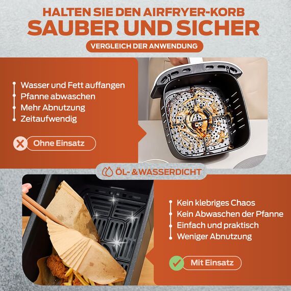 PORTENTUM Backpapier für Heißluftfritteusen, 100 Stück, BPA-frei, 20 × 24 cm, antihaftbeschichtet, wasserdicht und ölbeständig, Einweg-Pergamentliner, quadratisch, passend für Airfryer 4,7–7,3 L